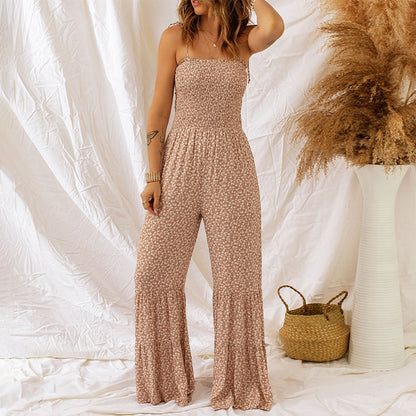 European And American Spring And Summer Sleeveless Long Waist Wrapped Chest Floral Horn Jumpsuit