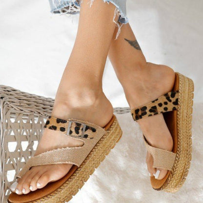 European And American Thick-Soled Woven Hemp Rope Large Size Leopard Print Women'S Sandals And Slippers