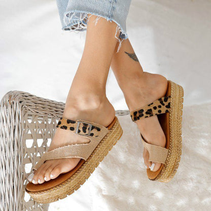 European And American Thick-Soled Woven Hemp Rope Large Size Leopard Print Women'S Sandals And Slippers