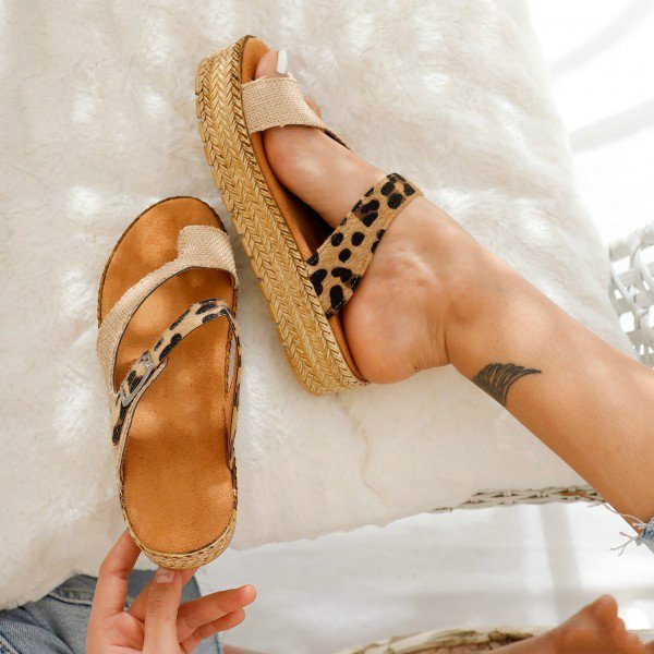 European And American Thick-Soled Woven Hemp Rope Large Size Leopard Print Women'S Sandals And Slippers