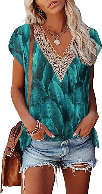 European And American Summer Women's V-neck Lace T-shirt Casual Top