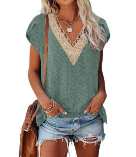 European And American Summer Women's V-neck Lace T-shirt Casual Top