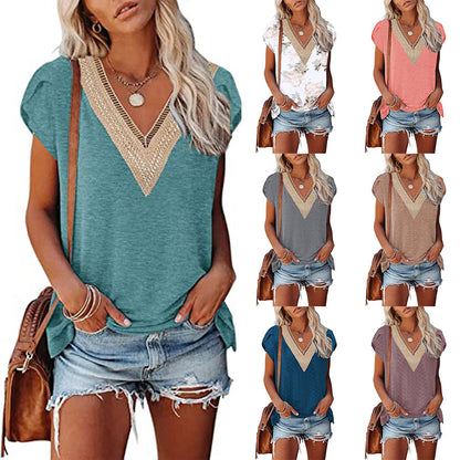 European And American Summer Women's V-neck Lace T-shirt Casual Top