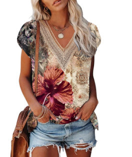 European And American Summer Women's V-neck Lace T-shirt Casual Top