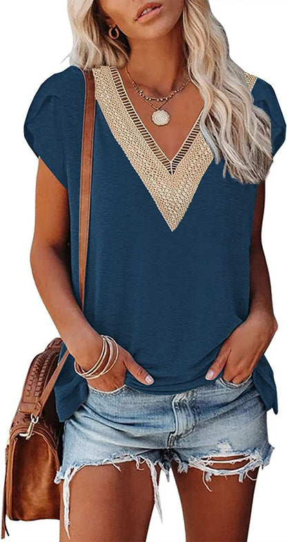 European And American Summer Women's V-neck Lace T-shirt Casual Top