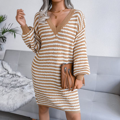 Ins Striped Sweater Dress V-neck Long Sleeve Dresses For Women