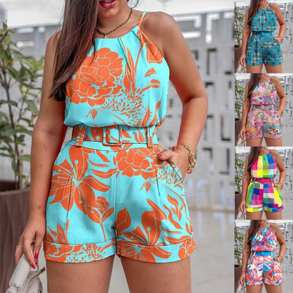 Women's Fashion Printed Two-piece Suit Belt Casual Suit