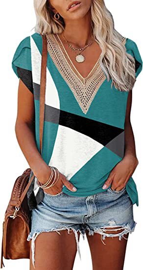 European And American Summer Women's V-neck Lace T-shirt Casual Top