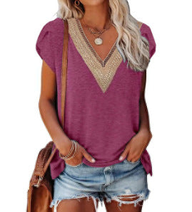 European And American Summer Women's V-neck Lace T-shirt Casual Top