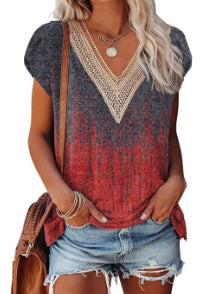 European And American Summer Women's V-neck Lace T-shirt Casual Top