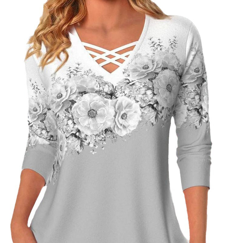 Women's V-neck Flower Print Long-sleeved T-shirt