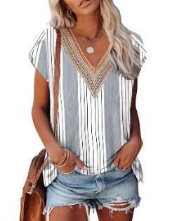 European And American Summer Women's V-neck Lace T-shirt Casual Top