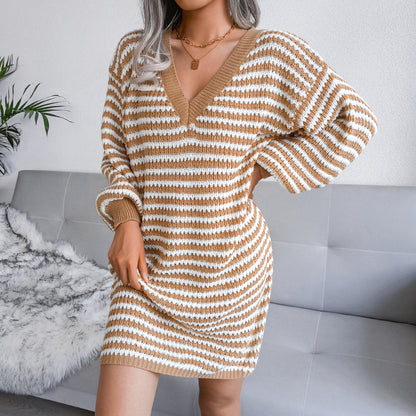 Ins Striped Sweater Dress V-neck Long Sleeve Dresses For Women