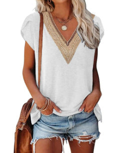 European And American Summer Women's V-neck Lace T-shirt Casual Top