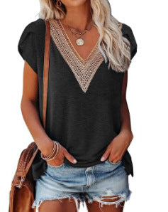 European And American Summer Women's V-neck Lace T-shirt Casual Top