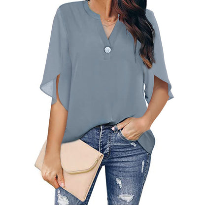 Women's Short Sleeve Elegant Casual Solid Color V-Neck Chiffon Shirt