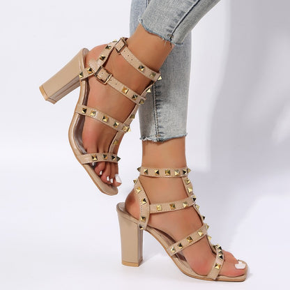 Rivet Sandals Women Buckle Strap Square-toe High Heels Shoes Gladiator