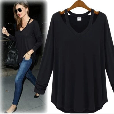 European and American fashion casual women's off-shoulder hanging neck long-sleeved V-neck shirt loose T-shirt