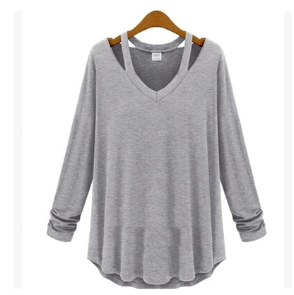 European and American fashion casual women's off-shoulder hanging neck long-sleeved V-neck shirt loose T-shirt