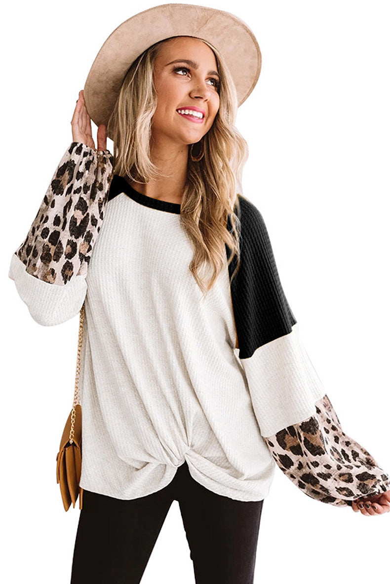 Leopard Print Stitching All-match Long-sleeved T-shirt