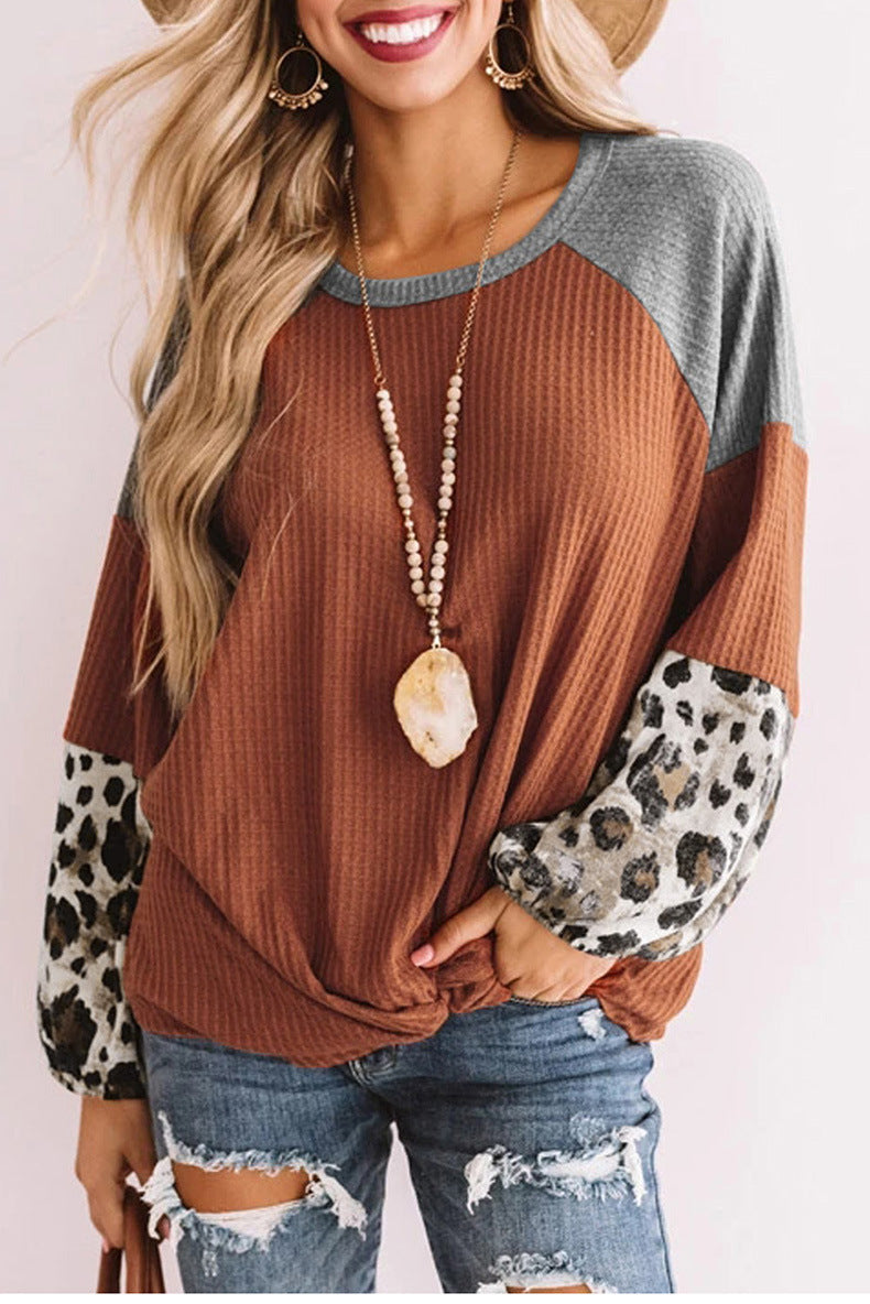 Leopard Print Stitching All-match Long-sleeved T-shirt