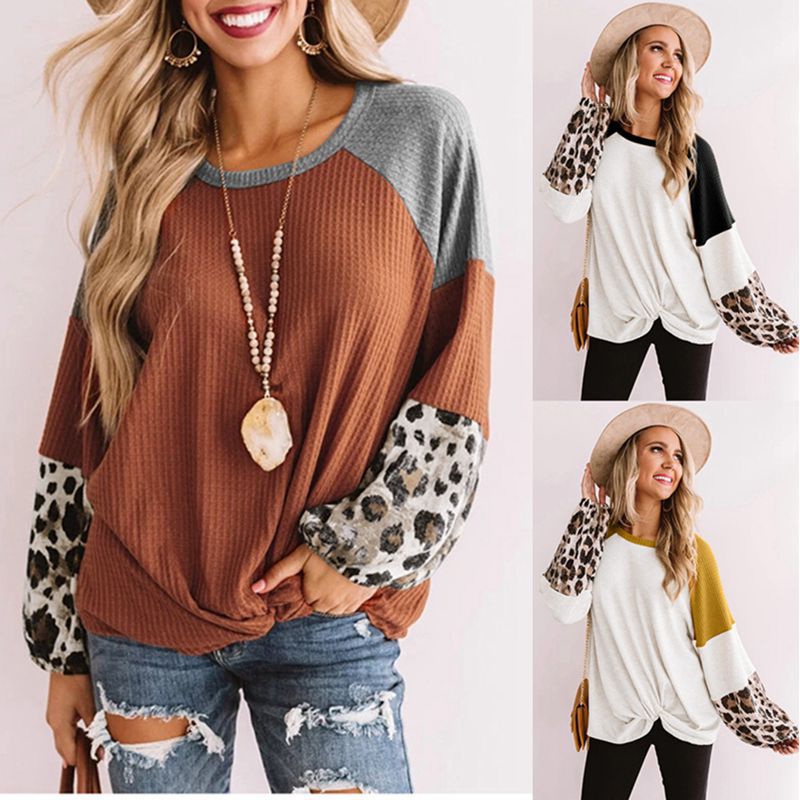 Leopard Print Stitching All-match Long-sleeved T-shirt