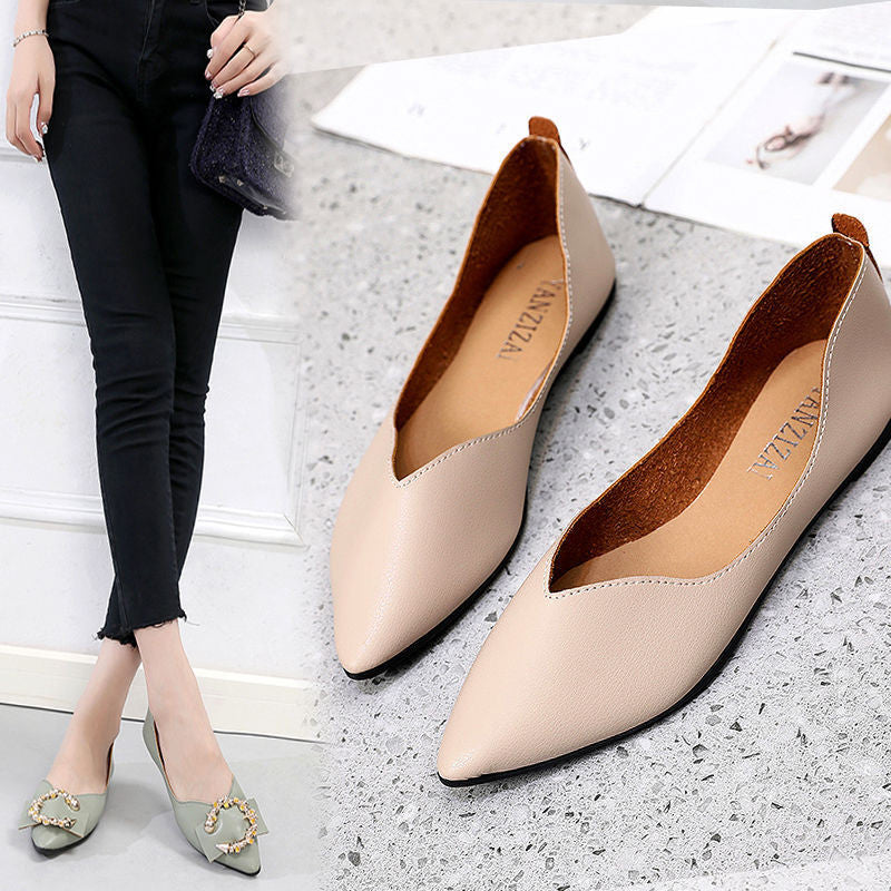 Flat-soled Aingle Shoes Scoop Shoes Pointed Toe Soft Leather Soft-soled Small Leather Shoes