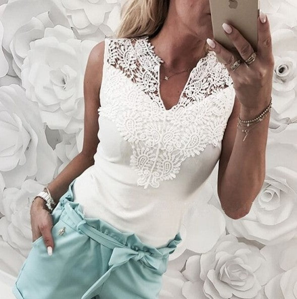 Women's Solid Color Stitching Lace V-neck T-shirt