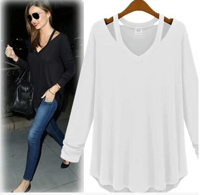 European and American fashion casual women's off-shoulder hanging neck long-sleeved V-neck shirt loose T-shirt