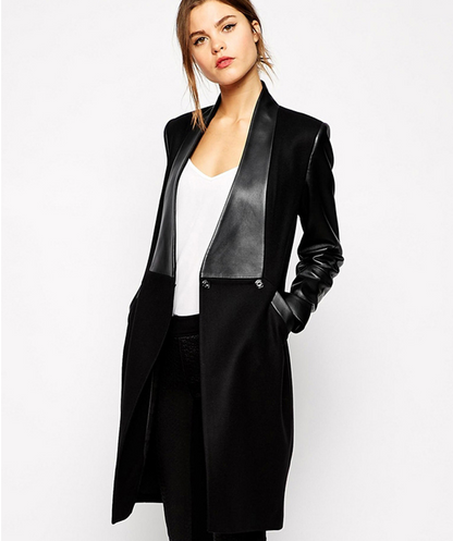 European and American stars with the new paragraph stitching leather long section Slim woolen coat woolen coat femal