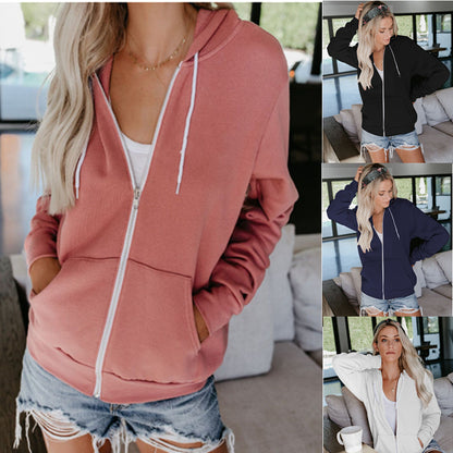 Solid color drawstring hooded zipper long sleeves