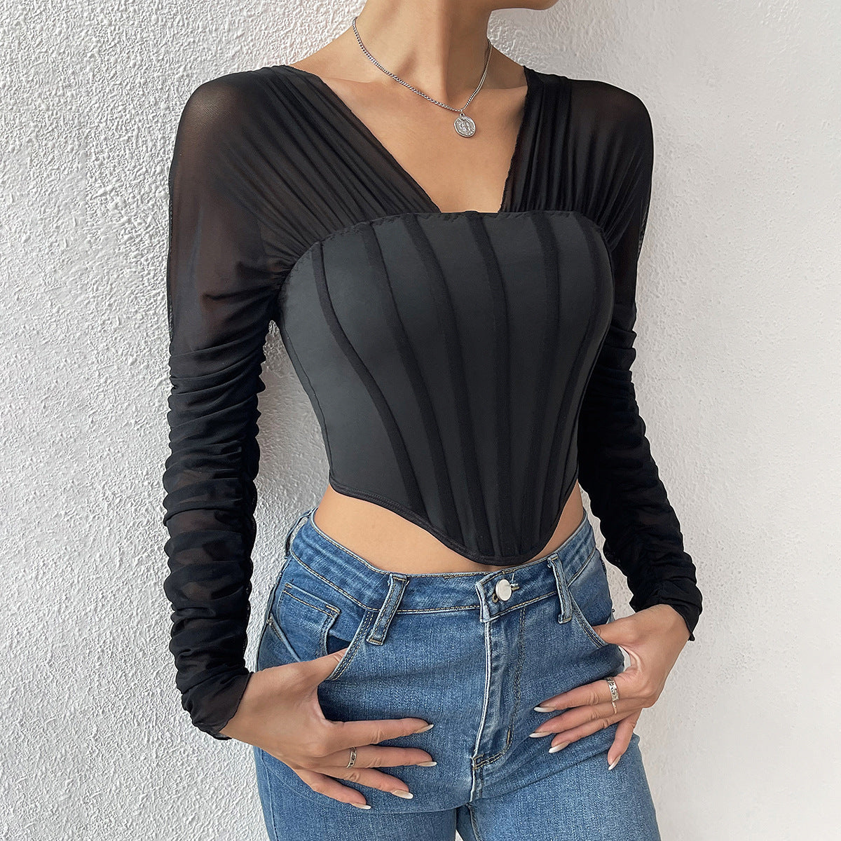 Mesh Pleated Fishbone Diamond Two-piece Pile Sleeve Top