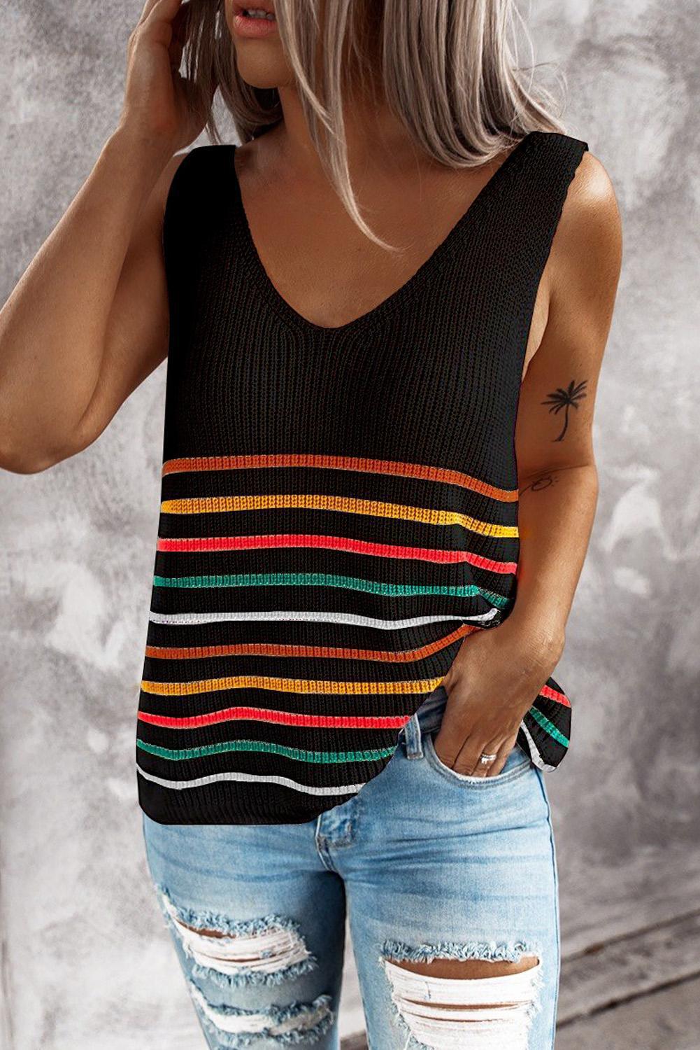 Women's Multicolor Striped V-Neck Pullover Top