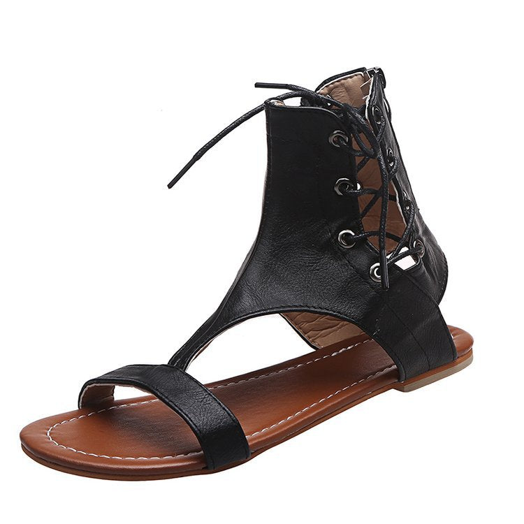 Roman Style  Solid Color High-top Lace-up Back Zipper Plus Size Sandals