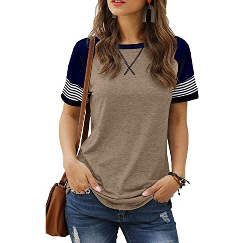 Stitching Faded Short-sleeved Ladies Casual T-shirt