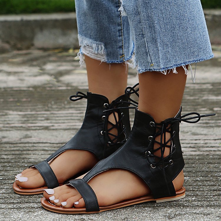 Roman Style  Solid Color High-top Lace-up Back Zipper Plus Size Sandals