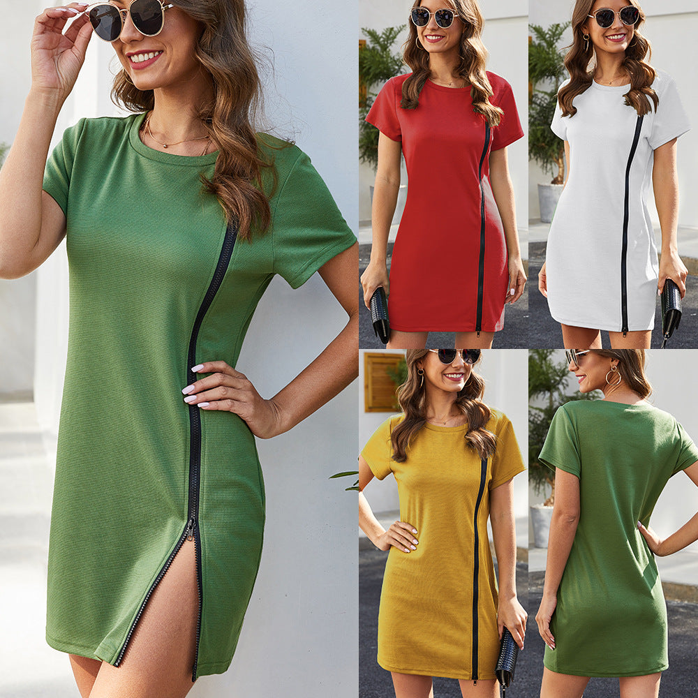 Women's Zip Decorated Round Neck Short Sleeve Wrapped Hip Slit Dress