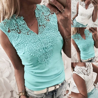 Women's Solid Color Stitching Lace V-neck T-shirt