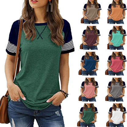 Stitching Faded Short-sleeved Ladies Casual T-shirt